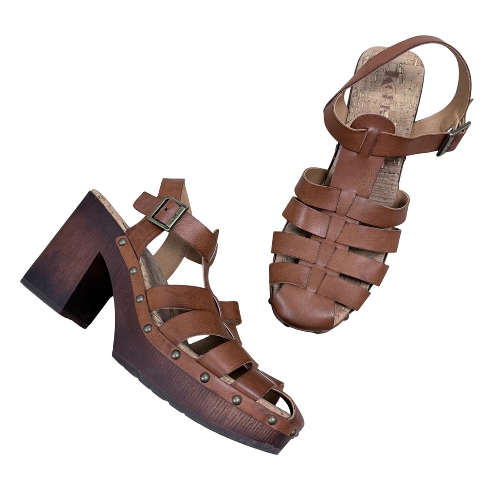 Korks Brown Gladiator Platform Sandals Wood Block Heel Studded Strappy‎ Clogs 10